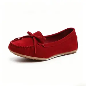 Women's Red Suede Bow Moccasin Loafers, Comfortable Slip-On Flats, Non-Slip Driving Shoes, Casual Work & Daily Wear, Lightweight Soft Sole Round Toe Boat Shoes for All-Day Comfort