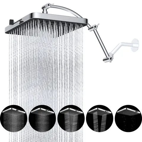 Hibbent 13-in Chrome Pressure Boosted Shower Head Ensemble with 5 Settings, 16-in Solid Brass Adjustable Height Extension Arm, 157 Splash Jets, Onetouch Water Stop, Selfclean Nozzles, Dynamic High-Pressure Massage Shower Kit