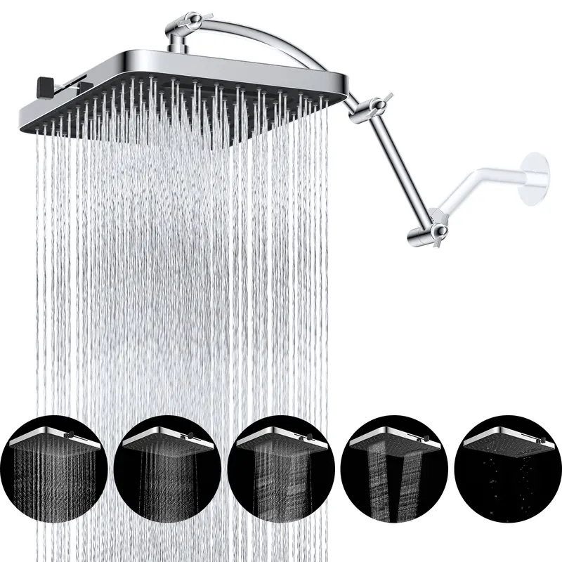 Hibbent 13-in Chrome Pressure Boosted Shower Head Ensemble with 5 Settings, 16-in Solid Brass Adjustable Height Extension Arm, 157 Splash Jets, Onetouch Water Stop, Selfclean Nozzles, Dynamic High-Pressure Massage Shower Kit
