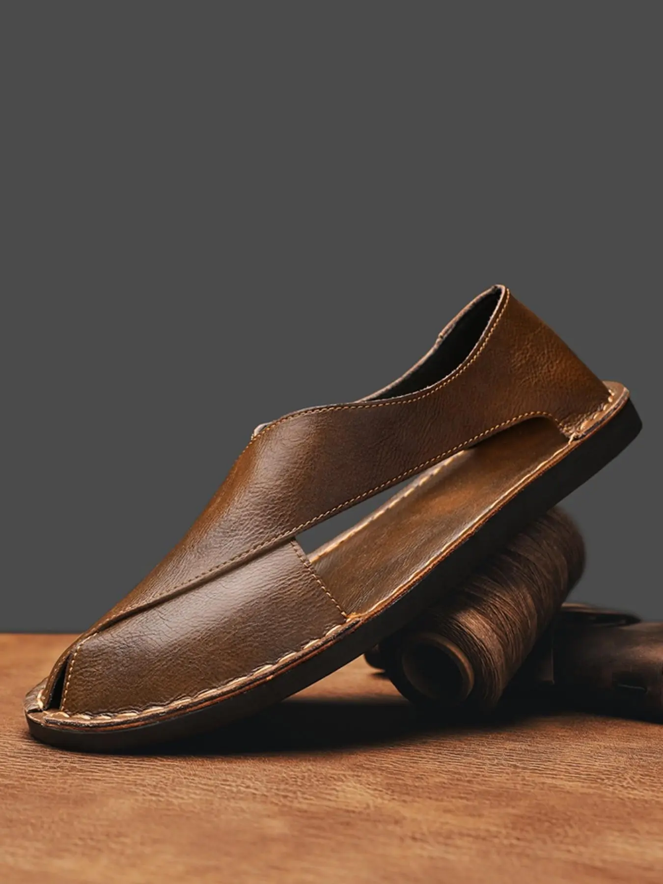 Men's Genuine Leather Hand-Stitched Sandals, Summer Hollow Out Toe Posture Roman Beach Shoes, Flat Sandal Casual Outdoor Sandals Comfortable Footwear
