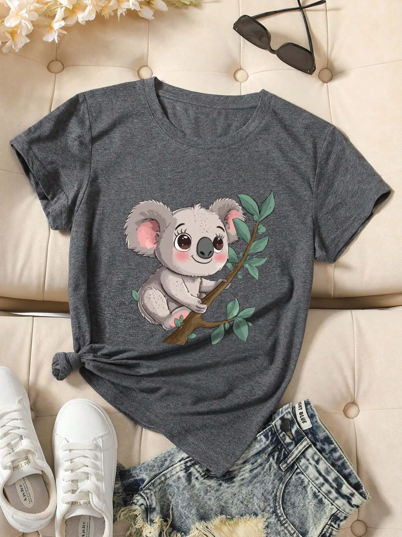 Street Style Cartoon Animal Koala Print Women's Casual Fitted Short Sleeve Knit Top, Casual Everyday Tops, Streetwear, Geometric Pattern, All Seasons, Regular Fit, Piece