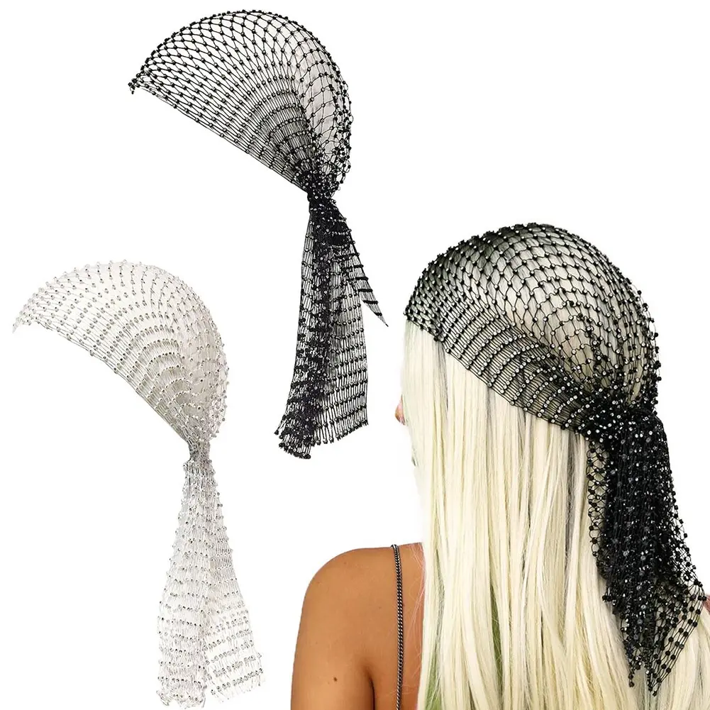 Rhinestone Fishnet Hair Scarf for Women, Sparkling Beaded Mesh Headpiece, Tie-Back Veil Headband for Wedding, Party, Dance and Festival, Personalized Hair Accessories