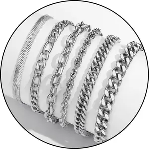 6 count Chain Bracelet for Men, Stainless Steel Cuban Curb Link Rope Paperclip Figaro Herringbone Chain Bracelets Set Jewelry Gifts for Man Woman Boys 7.5/8.3/9 Inches-USA