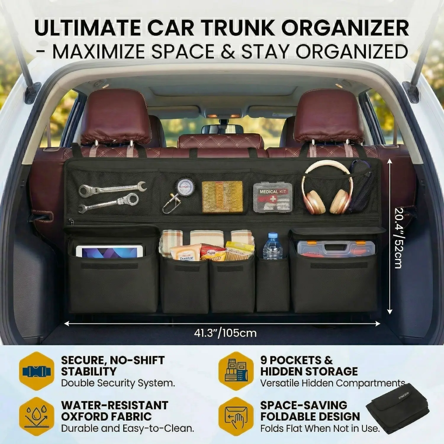 Car Backseat Organizer with 9 Pockets, 41 x 20 in XL Hanging Storage Bag, 600D Oxford with Wipe-Clean Lining, No-Drill Headrest Straps, Foldable Trunk Organizer for SUV, Truck, Car