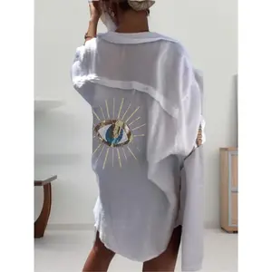 Women’s shirt with eye and sunshine print, glitter decoration, wide truffle shoulder, long sleeves—spring and autumn casual top; women’s daily wear; ShirtGARMENTARY