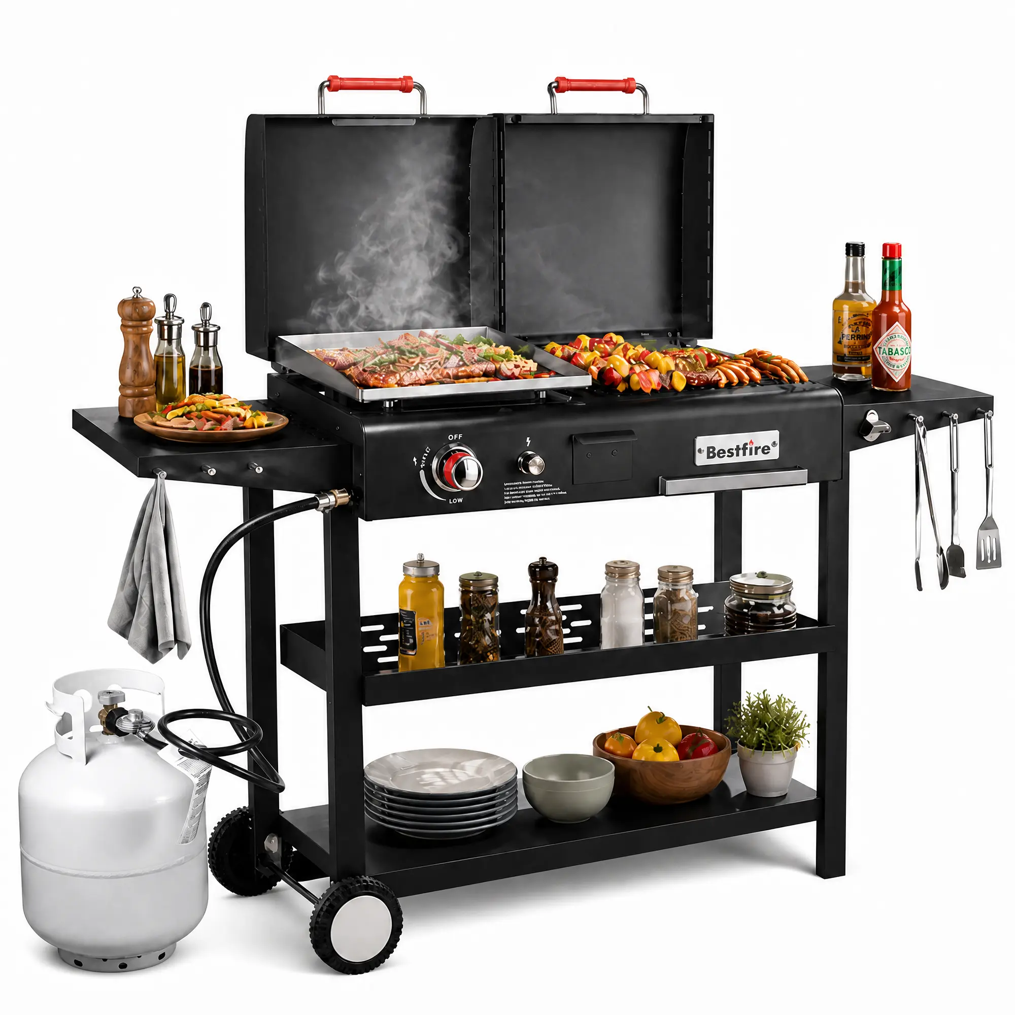 BESTFIRE Dual Fuel Propane Gas and Charcoal Grill Combo – Versatile Flat Top BBQ Grill with Dual Lids 2   & Free BBQ Gloves for Outdoor Cooking Backyard Party & Home Grilling tiktokshopspringglowup barbecue High Pressure picnic cooker frying side shelf