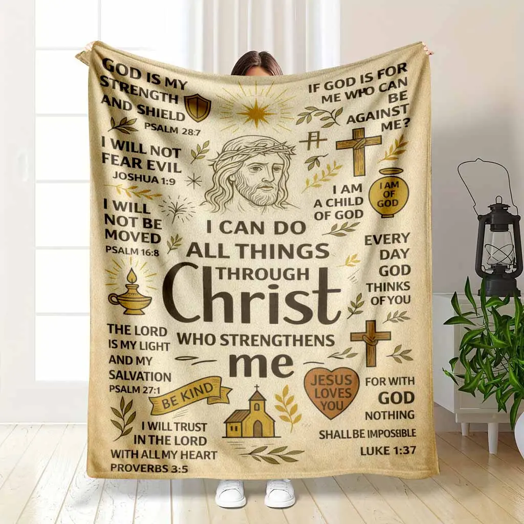 Inspirational Christian Flannel Fleece Throw Blanket - Bible Verse Quotes, Jesus Christ Cross Pattern, Cozy Wrinkle-Resistant Flannel Fabric, Bedroom Decorative Blanket, Religious Gift for Mom