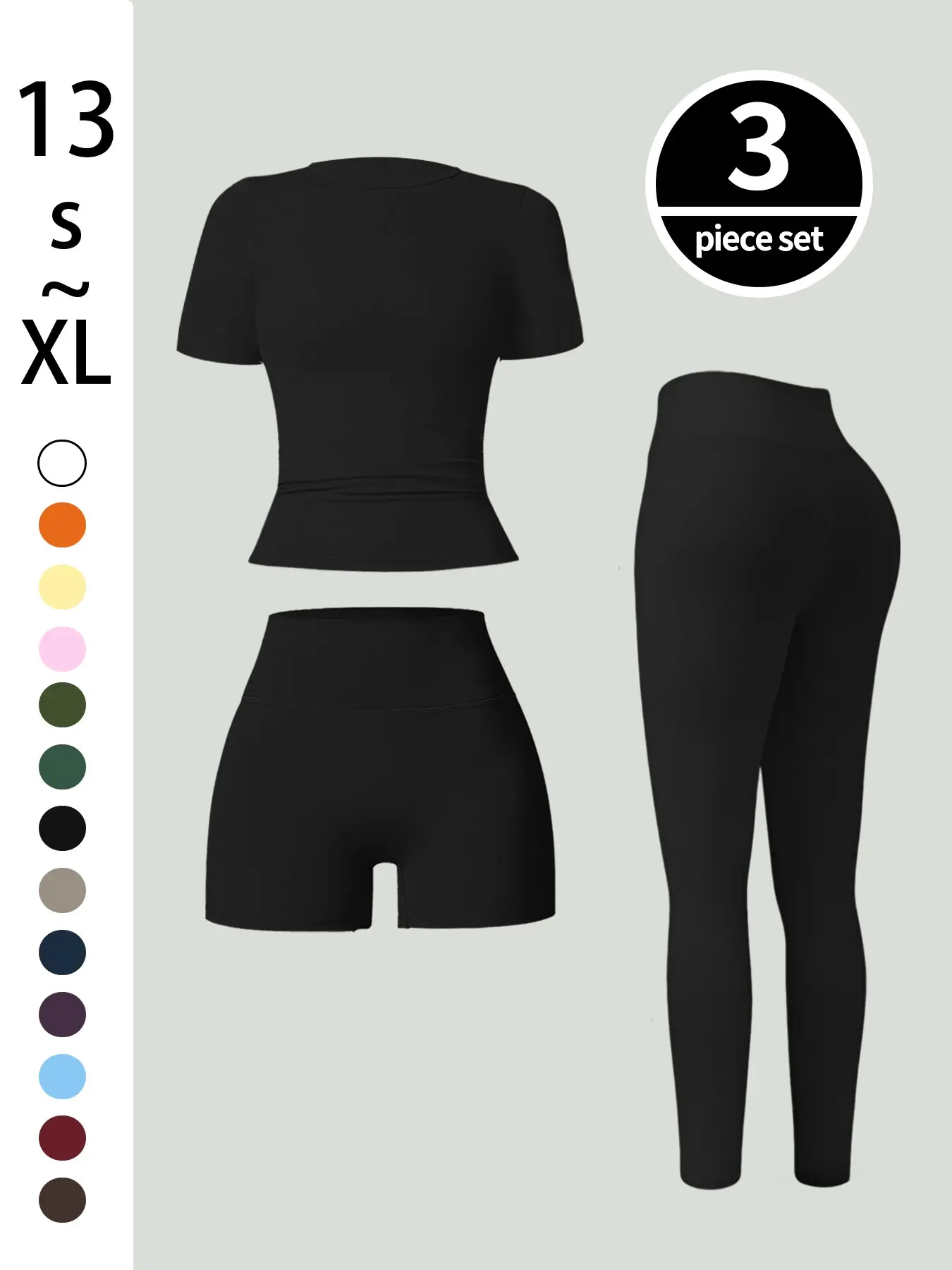 3-Piece Women's Solid Set, Round Neck Sport T-Shirt + High Waist Elastic Workout Pants, Training, Casual Summer Sports Wear, Fitness Sportswear Set