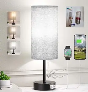 Modern Table Lamps, Grey Fabric Shade and Black Metal Base for Living Room Bedroom Office Reading Dorm Hotel