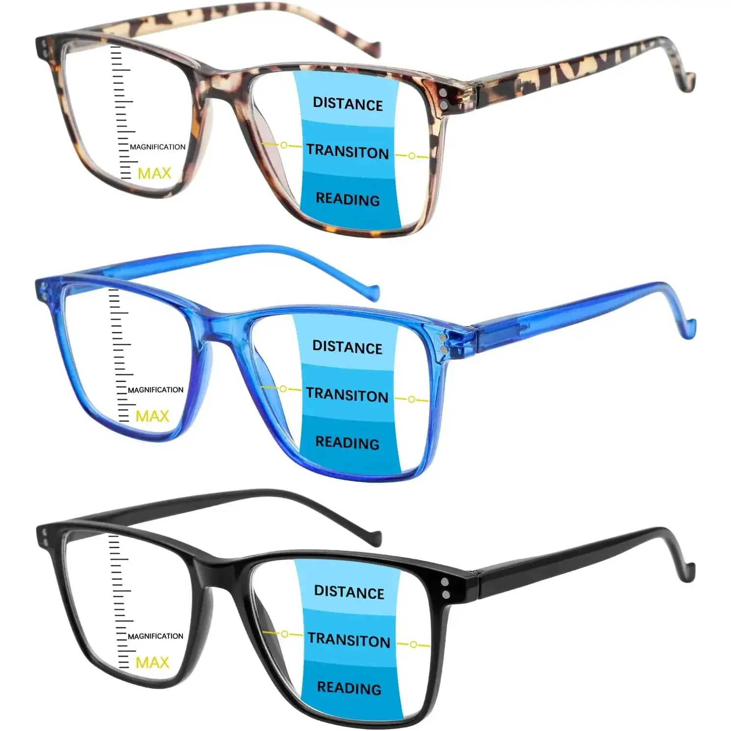 Unisex Progressive Multifocal Reading Eyeglasses 3-Pack, Blue Light Blocking Lenses, Spring Hinge Computer Frames (3 MIX, 2.25), Progressive Multifocal Glasses