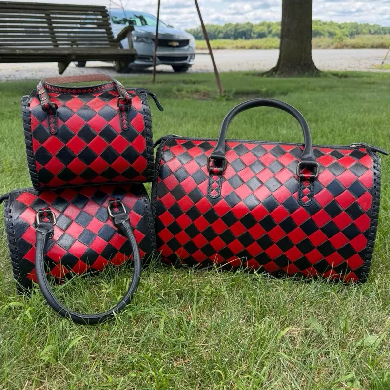 Genuine hand painted leather speedy bag- red & black checkered (see size options)