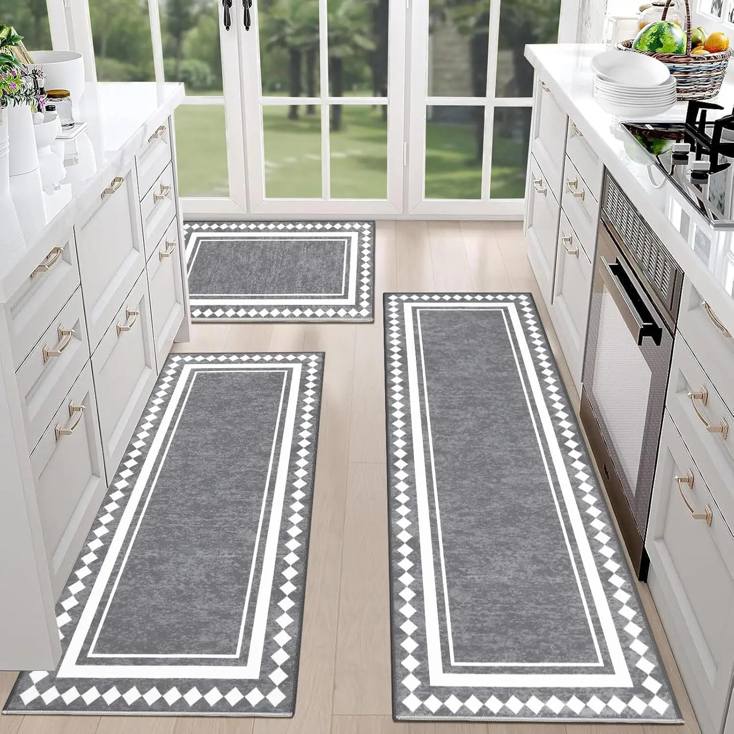 3-Piece Farmhouse Bohemian Washable Rugs Set - Non Slip Polyester Fabric Multi-Size Washable Kitchen Rugs for Kitchen, Laundry, Non Slip Rugs, Aesthetic Kitchen Rugs