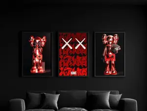Set of 3 Red KAWS Wall Art Posters Hypebeast Graffiti Decor Kaws Print Unframed