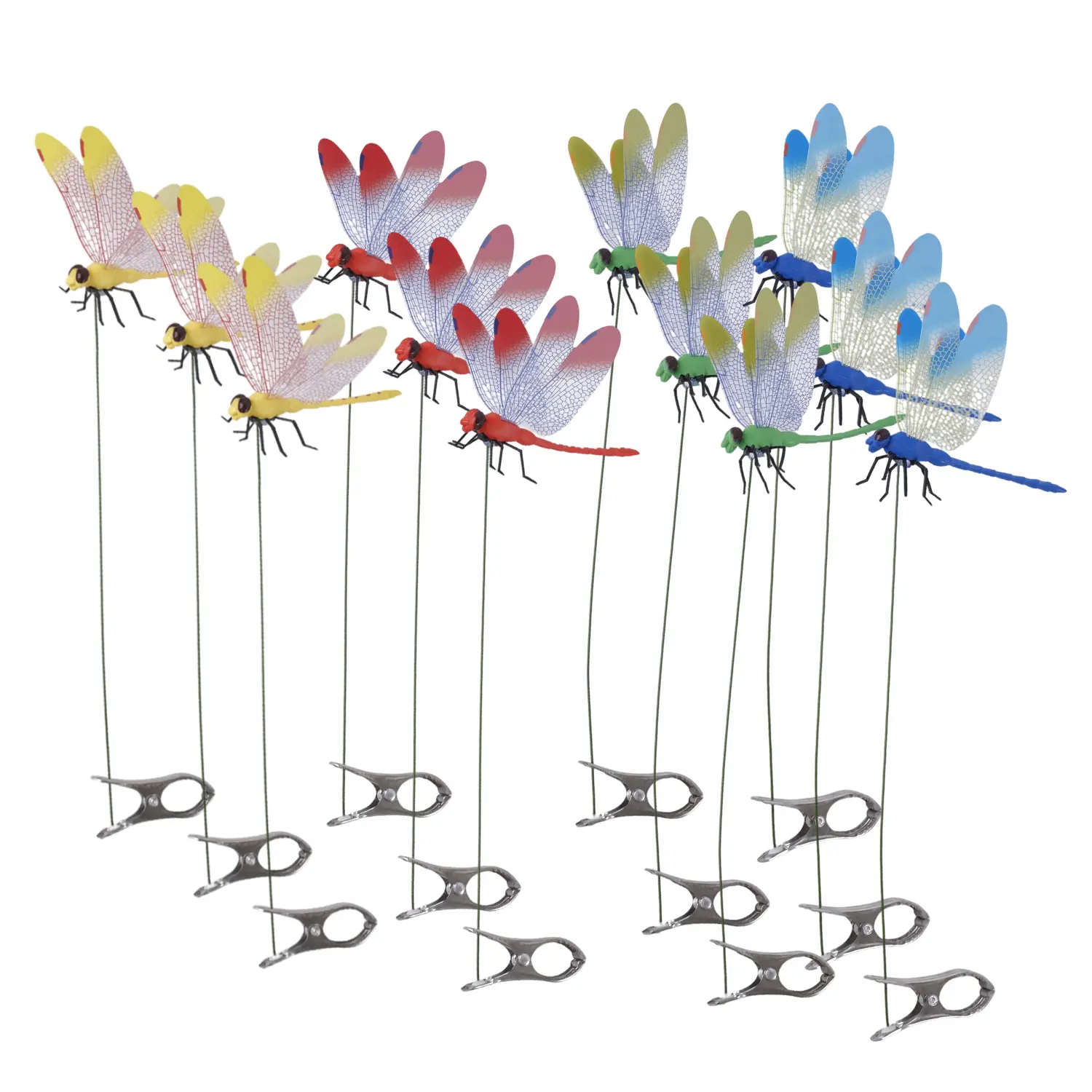 Dragonfly Accessory Clips 4 Pack, Multi-Color PVC Plastic Charms for Fashion & Garden, Natural Insect-Control that Kills Horseflies and Helps Scare Away Deer