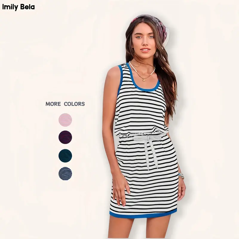 Imily Bela Womens Summer Sleeveless Striped Dress Drawstring Waist Casual Tank Mini Dresses with Pockets