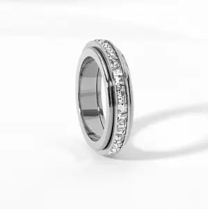Rotatable Anxiety Ring for Women & Men Titanium Steel Spinner Fidget Band with Cubic Zirconia Relieving Anxiety Comfort Fit Size 5-12