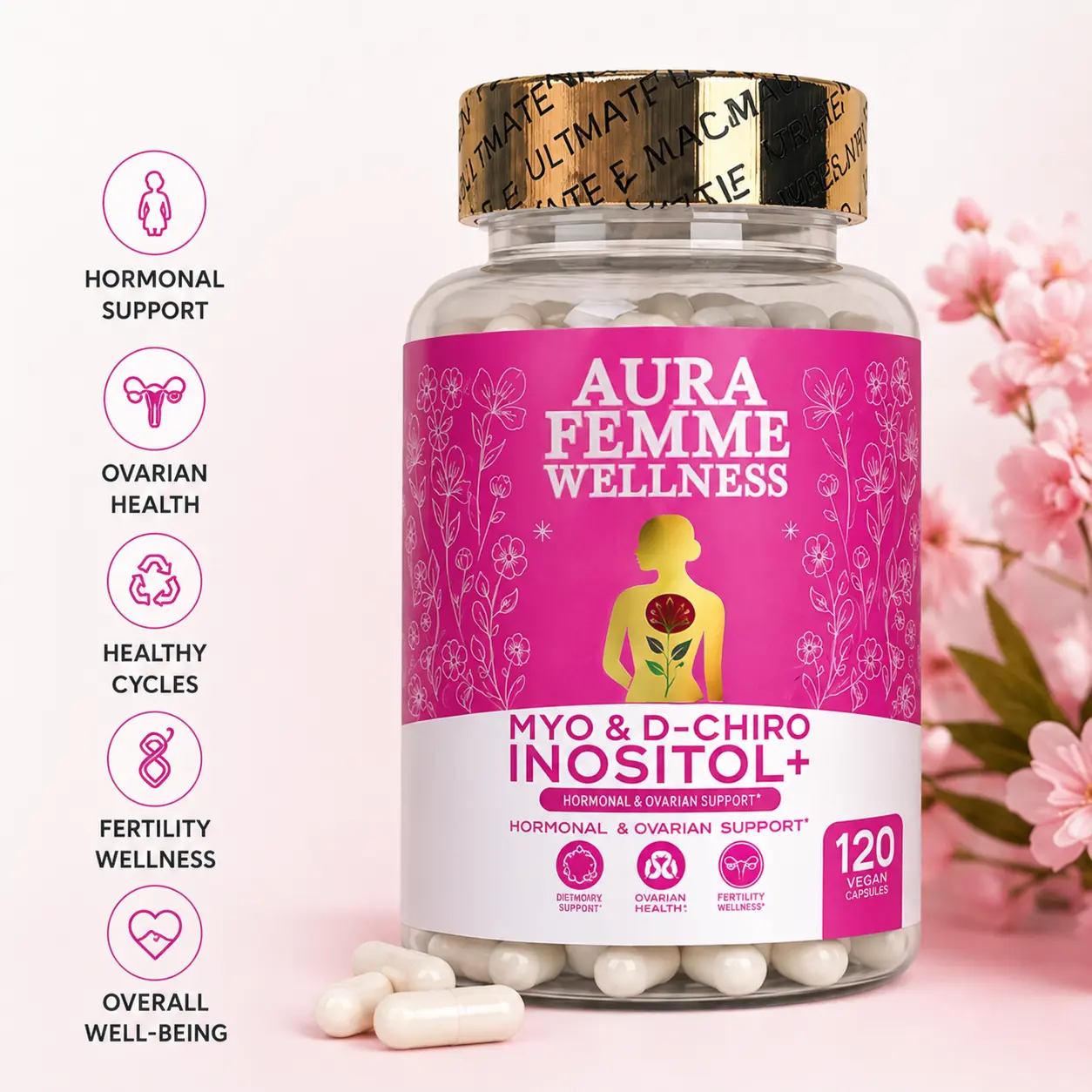 Aura Femme Myo & D-Chiro Inositol+ | 40:1 Formula with Folate & Vitamin D3 | Women's Hormonal Balance Supplement | 120 Capsules