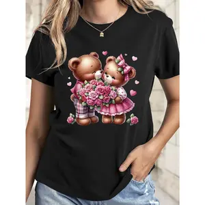 Cute Teddy Bear Romance Graphic T-Shirt - Adorable Black Tee Featuring Two Bears in Love with Pink Roses, Perfect Gift for Animal Lovers, Casual Casual Attire, Trendy Fashion for Women, Ideal for Valentines Day and Fun Outings