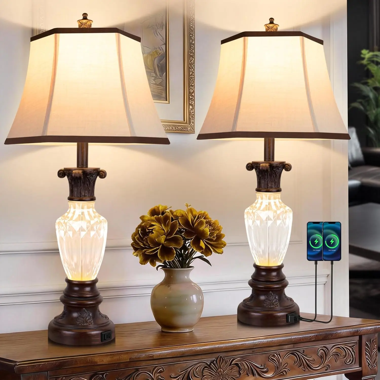 GALENTAL 28.5" Table Lamps Set of 2, Nightstand Lamps with USB Ports, Farmhouse Lamps for Living Room Bedroom, 3-Color Temperatures Bedside Lamp, Vintage Resin White lamp with Nightlight, Bulbs Included, Dealsforyoudays