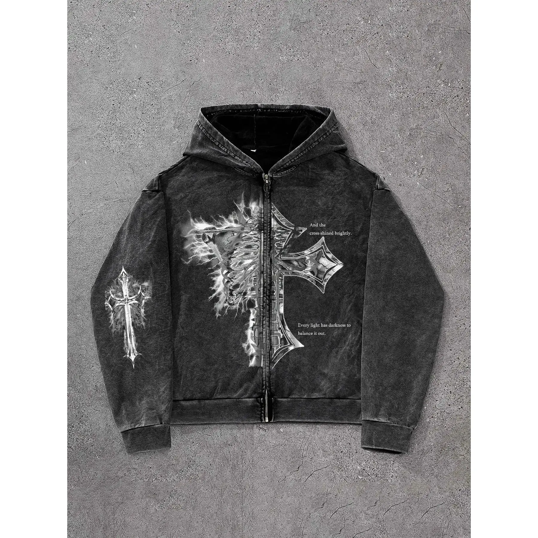 Men's Loose-Fit Hooded Sweatshirt with Letter Print, Cross Print Hoodie, Zipper Design, Street Style, All-Season Wear, Moderate Fabric Thickness, Graphic Print Hoodie, Tops