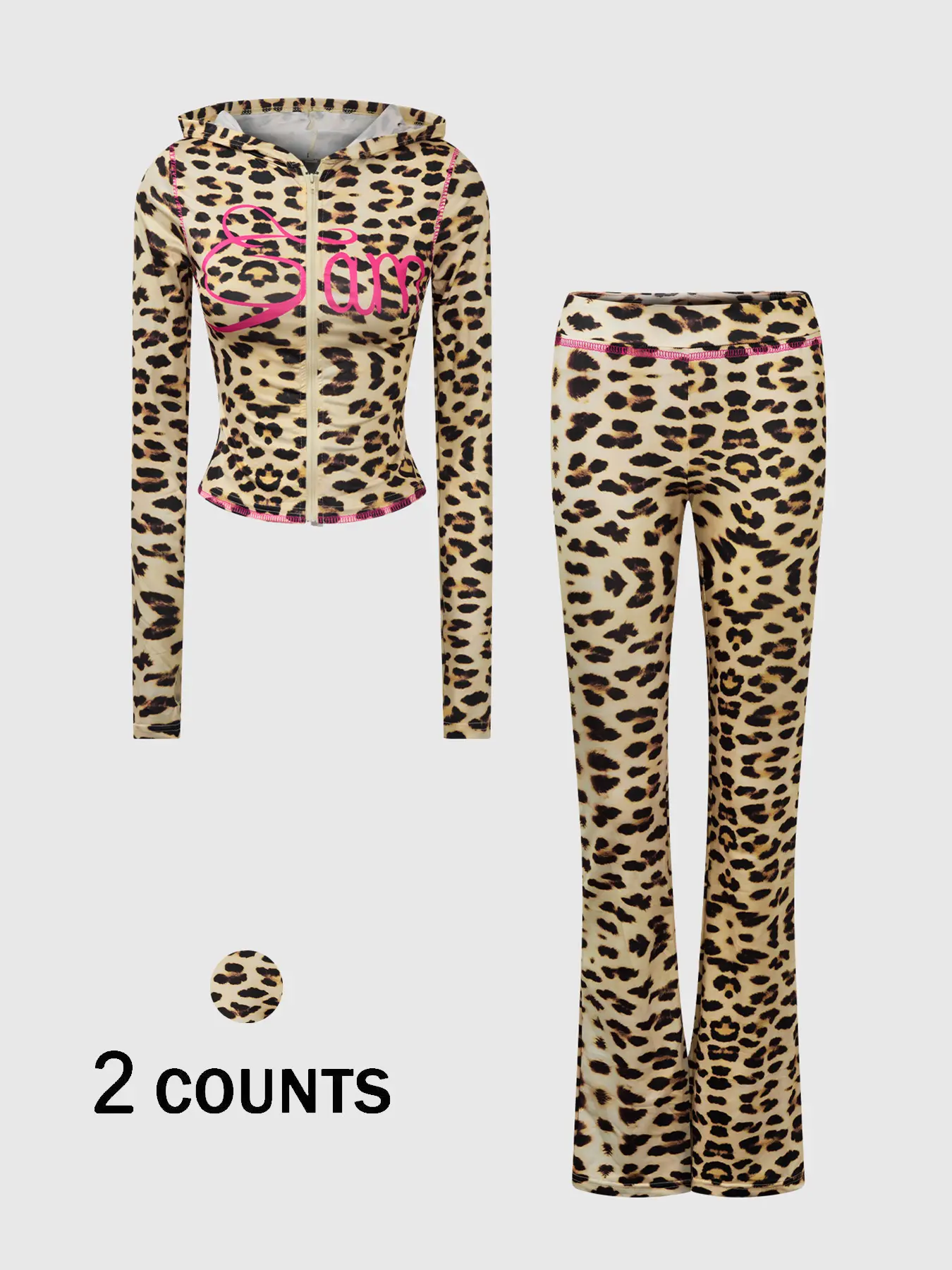 2-Pack Leopard Print Hoodie + Flare Pants Set, Womenswear, Pink-Accent Zip-Up Top + Bell-Bottom Bottoms, TikTok Viral Y2K Aesthetic, Casual Slim-Fit Design, Perfect for #OOTD, #BaddieOutfits, #RetroVibes, Stylish for Brunch, Nights Out