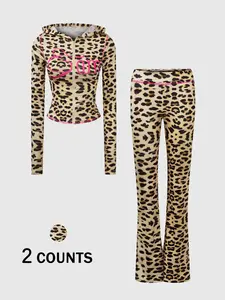 2-Pack Leopard Print Hoodie + Flare Pants Set, Womenswear, Pink-Accent Zip-Up Top + Bell-Bottom Bottoms, TikTok Viral Y2K Aesthetic, Slim-Fit Design, Perfect for #OOTD, #BaddieOutfits, #RetroVibes, Stylish for Brunch, Nights Out