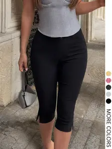 Trendy Women's Elastic Side-Slit Capri Pants, Spring Summer Essential, Ideal for Dating and Shopping Trips, Cropped Trousers