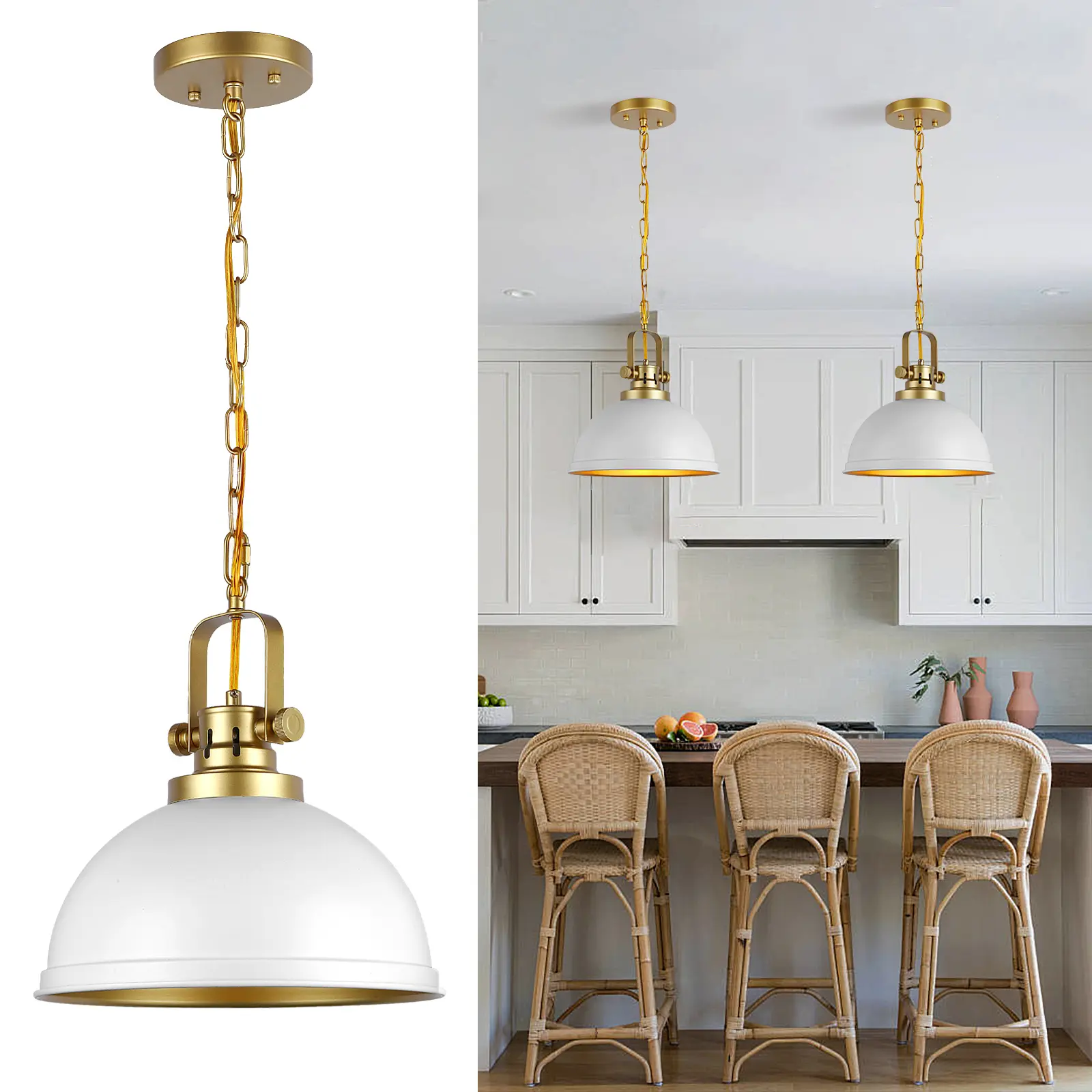 Modern White and Gold Pendant Lights,11.8" Vintage White Gold Pendant Light Fixtures Iron Dome Lighting Hanging Ceiling for Kitchen Island Dining Room Restaurant Bedroom Farmhouse Entrance