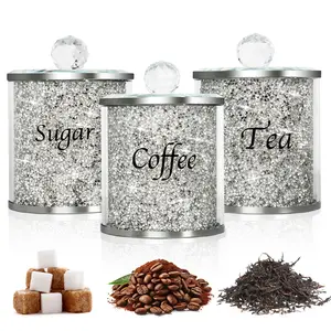 3 Pack Decorative Coffee Tea Sugar Canisters with Crushed Crystal Diamonds, Glass Kitchen Food Storage Containers, Bling Kitchen Jar for Kitchen Countertop Decor, Silver