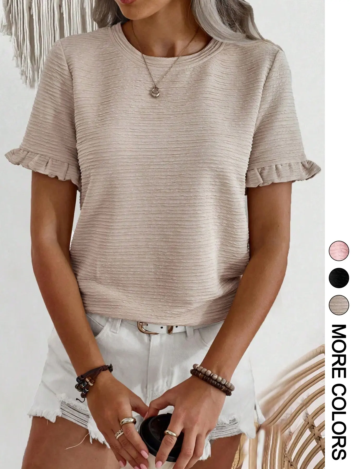 Women's Ruffle Sleeve T-Shirt, Casual Tee Tops, Ruffled Textured Round Neck Loose Fit Lightweight Summer Top, Stylish and Comfortable Ladies' Clothing, Perfect for Casual Wear