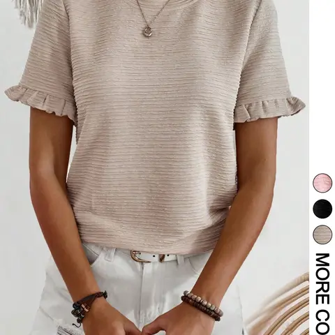 Women's Ruffle Sleeve T-Shirt, Casual Tee Tops, Ruffled Textured Round Neck Loose Fit Lightweight Summer Top, Stylish and Comfortable Ladies' Clothing, Perfect for Casual Wear