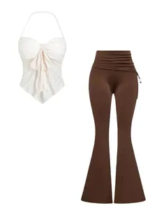 Sexy Lace Halter Top with Bow Front, Slim Fit Casual Solid Color Blouse, Drawstring Flare Pants Two-Piece Set Outfit for Women, Womenswear