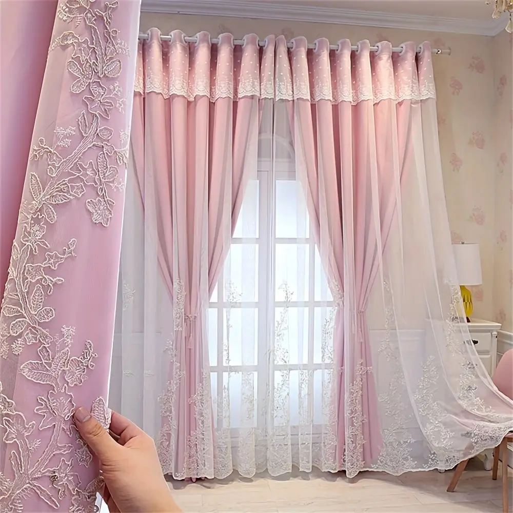 European Full Light Blocking Window Curtain, French Lace Embroidered Sheer Fabric, Luxurious Princess Style, Multi-Color Options, Ideal for Living Room Bedroom, Embroidered Curtains