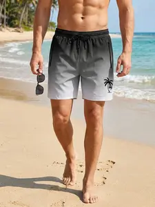 Men's Palm Tree Print Beach Shorts with Triangle Mesh Lining, Summer Vacation Casual Quick-Dry Breathable Swim Shorts with Zippered Side Pockets, Drawstring Elastic Waist Swim Trunks Bathing Suit Swimwear Swimsuit Swimming Trunks Quick Dry Swimtrunks