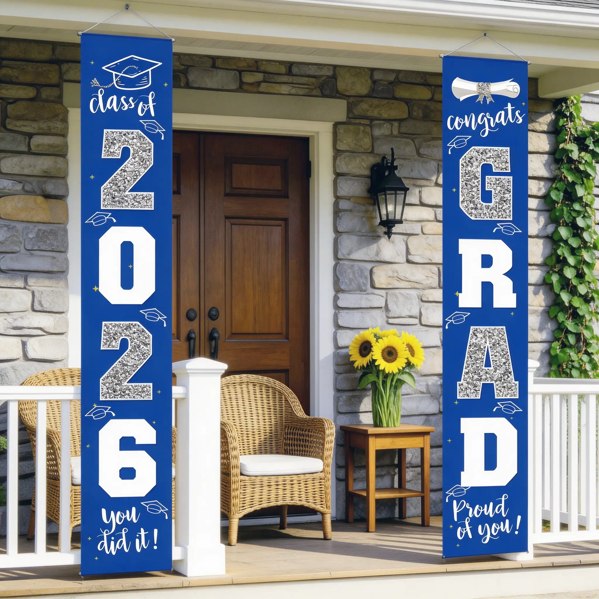 Graduation Decorations Class of 2026 | Congrats Grad Banner - Porch Sign Blue & Silver | Grad Party Decorations 2026 Graduates Party Supplies