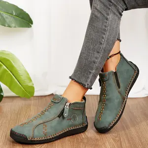 Women Workwear Boots Fashion Side Zipper Design Hand Sewn Leather Outdoor Casual Boots.
