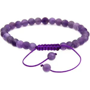 Natural A Grade Matt Amethyst Gemstone 6mm Round Beads Adjustable Bracelet 7" Unisex