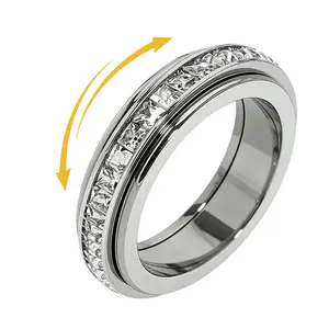 Anxiety Rings for Women and Men Titanium Steel Spinner Fidget Band Rings with Cubic Zirconia for Stress Relief and Wedding Promise Comfort Fit Size 5 to 12