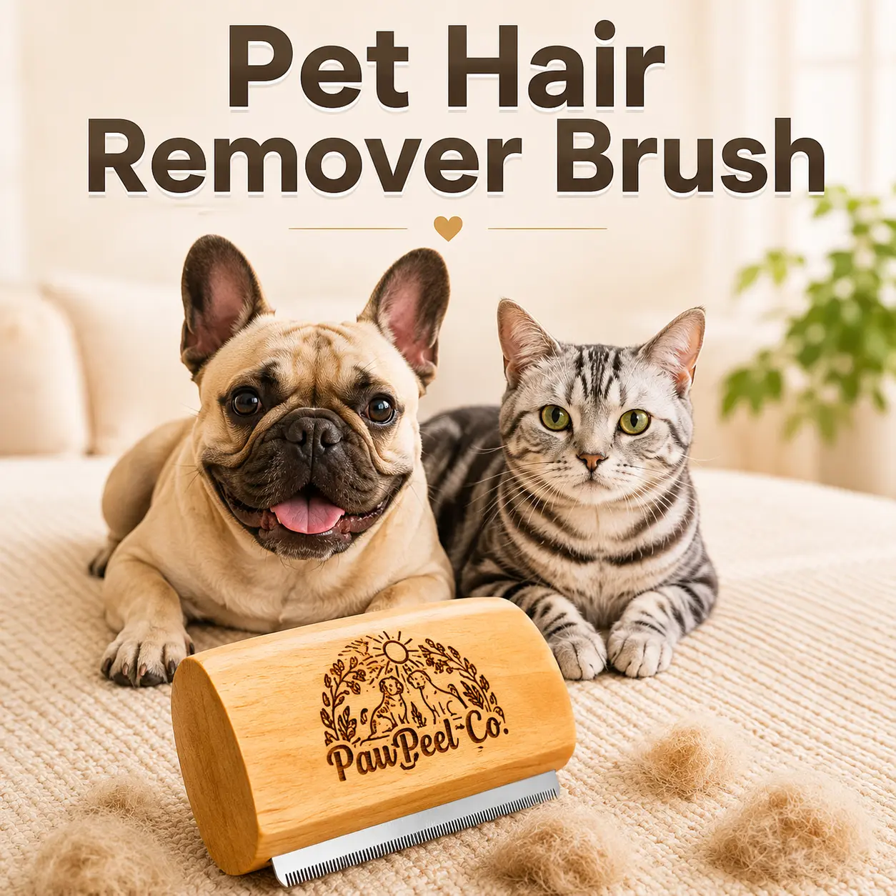 Multi-Use Pet Hair Remover Brush for Short-Haired Pets, Dog & Cat Stainless Steel Wooden Handle Comb for Daily Grooming, Sofas, Carpets, Pet Beds & Coats