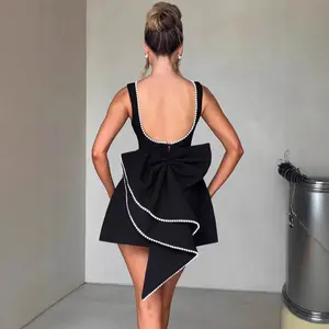 Summer Women's Clothing Pearl Bow Fashionable Slim Skirt Backless Hot Girl A-line Romper Casual Fabric Pink Polyester
