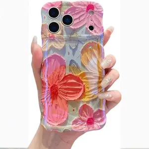 Colorful Retro Oil Painting Printed Flower Laser Glossy Case for iPhone 17 Pro Max 16 15 14 13 Cute Curly Wave Edge Exquisite Phone Cover Stylish Durable TPU Protective Case for Girl Women