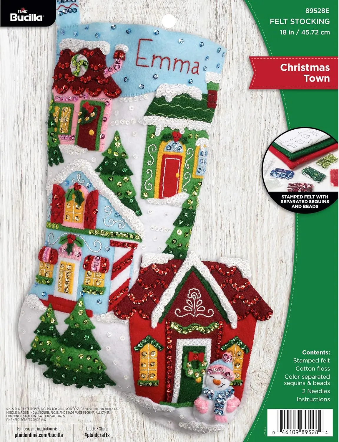 Bucilla 18-In Stamped Felt Applique Stocking Making Kit-89528E, Cotton Hand-Stitched Customizable Craft Supply with Beads, Classic Charm Christmas Decoration Embroidery Holiday Home Gift