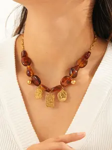 Stainless steel vintage chunky amber resin charm necklace for women