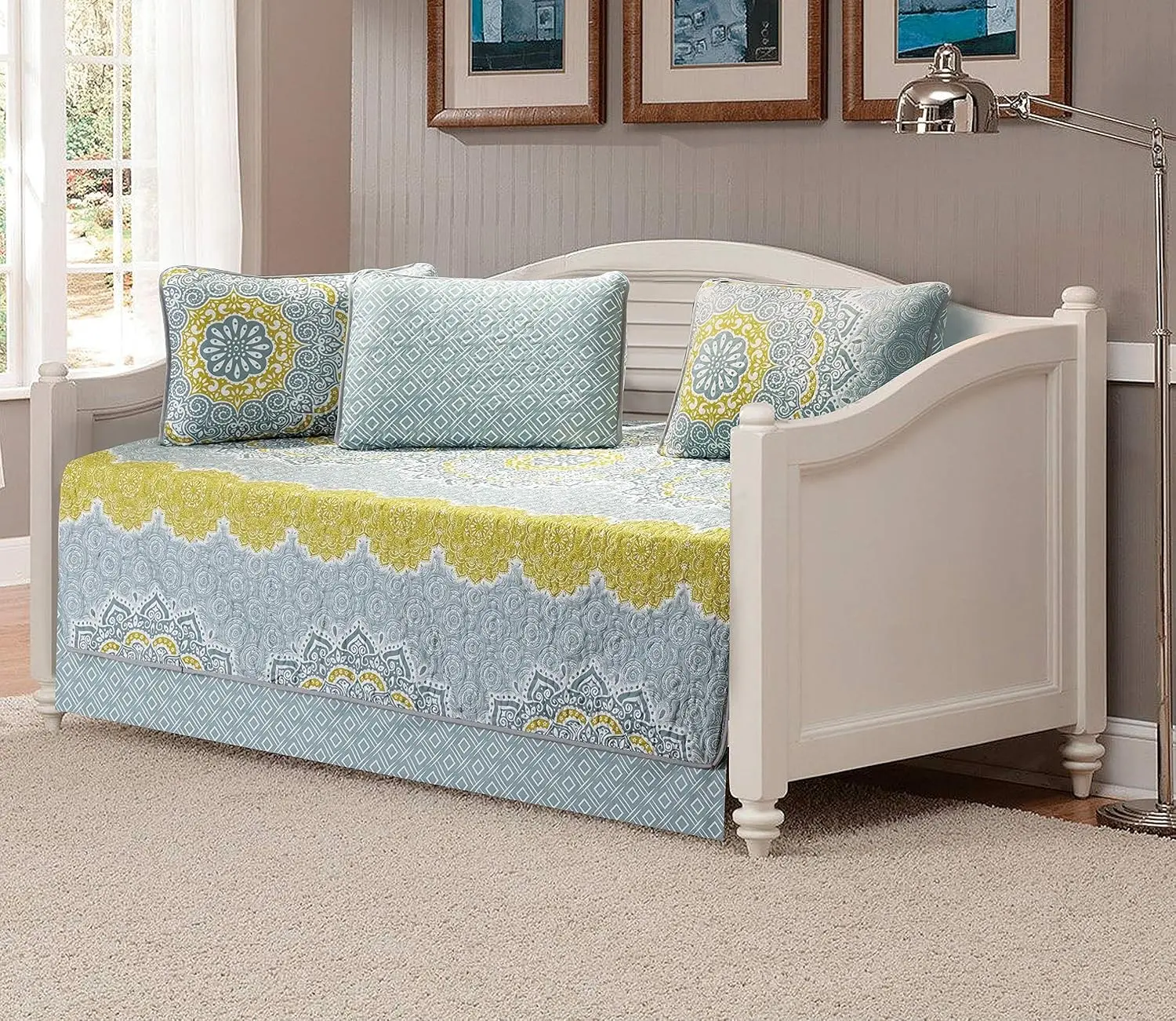 5pc Daybed Set Oversized Quilted Bedspread Coverlet Medallion Yellow Coastal Plain Grey Green White New