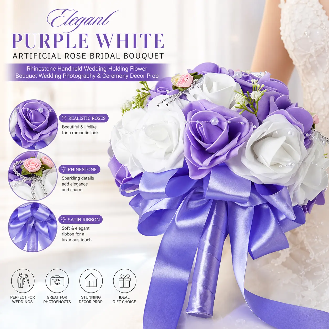 Elegant Purple White Artificial Rose Bridal Bouquet, Rhinestone Handheld Wedding Holding Flower Bouquet Wedding Photography & Ceremony Decor Prop