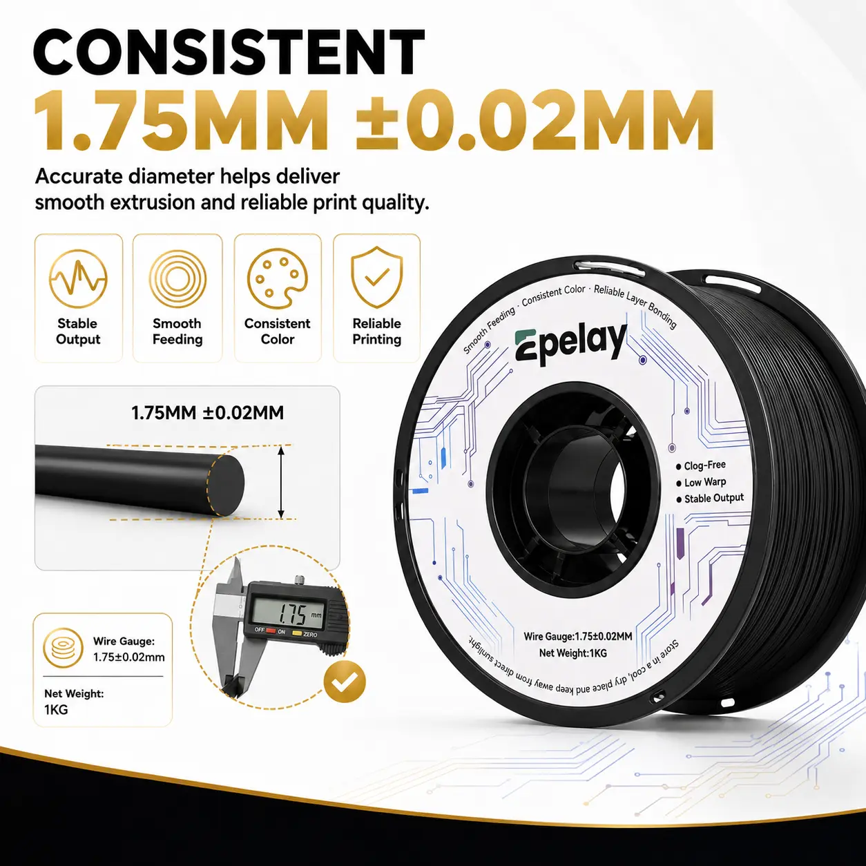 EPELAY PLA+ 3D Printer Filament, 1.75mm-±0.02mm Precision, 1 kg Gray, Smooth Feeding, Clog-Free, Neat Winding, Low-Odor FDM Option, Eco-Friendly, Multiple Colors, Precise Layers, No Batteries, 3D Printing Supplies for DIY Projects EPELAY PLA+ 3D Printer Filament, 1.75mm-±0.02mm Precision, 1 kg Gray, Smooth Feeding, Clog-Free, Neat Winding, Low-Odor FDM Option, Eco-Friendly, Multiple Colors, Precise Layers, No Batteries, 3D Printing Supplies for DIY Projects