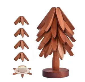 Multi Use Wooden Tree Trivet Hot Pad Set - Auto-Flatten Heat Resistant Mats for Countertops, Cute Tree Shape Stand Decor for Kitchen, Ideal Gift for Housewarming/Baking Lovers