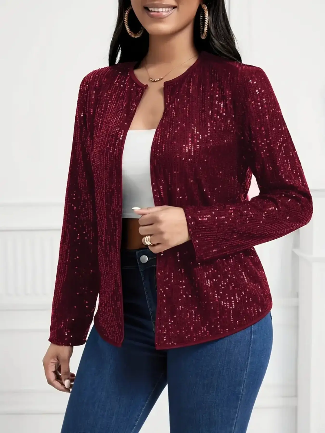 Women's Velvet Sequin Open Front Coat, Vintage Elegance, Perfect for Daily, Light Parties, Casual Social Events