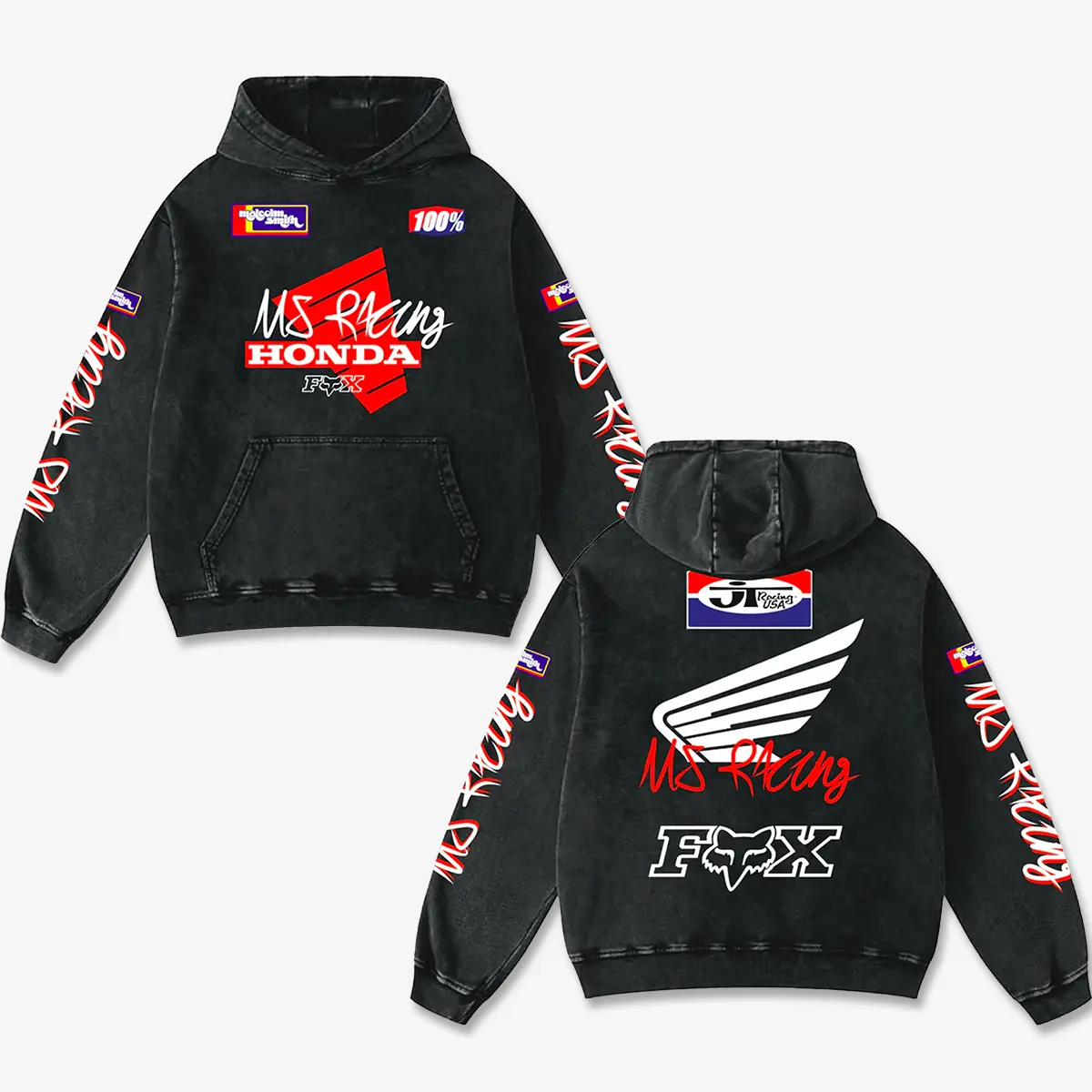 Retro MS Fox Racing Washed Hoodie Motor World Champion Enthusiast Apparel Streetwear Racing Team Motorcycle Clothing Motorbike Riders Supermotor Off-Road Dirt Bike Fan Gear Cotton For Motor Fan