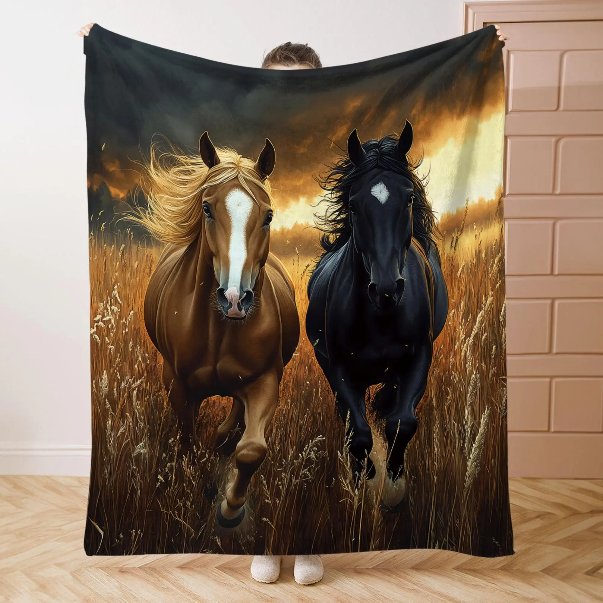 Horse Galloping on The Grassland Print Flannel Blanket, Flannel Cozy Blanket, Soft Comfortable Throw Blanket, Cool Bedroom Warm Napping Blanket for Home Office Camping, Lightweight Flannel Blanket, Printed Flannel Blanket, Flannel Throw Blankets